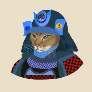 Cat samurai in blue helmet T-Shirt