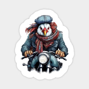chicken wearing a jackets hat and a scarf on a motorcycle Magnet