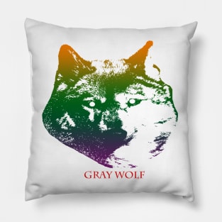 The gray wolf head is Violet, Green, Orange Pillow