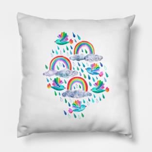 Spring Showers and Rainbow Birds on White Pillow