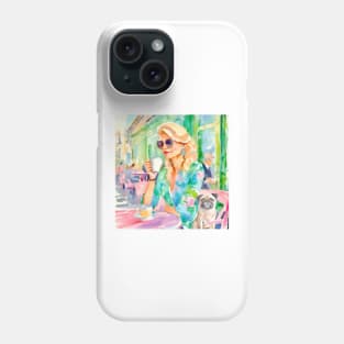 Girl and her pug in a Parisian cafe, watercolor painting Phone Case