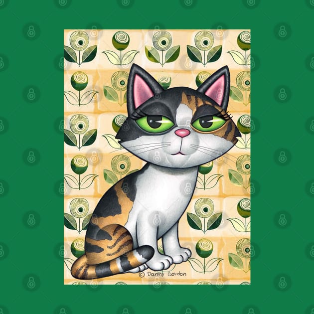 Cute Calico Cat in front of greenish flowers by Danny Gordon Art