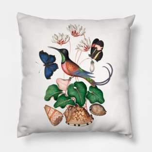 Crimson topaz hummingbird, Cyclamen, Red Postman and shells Pillow