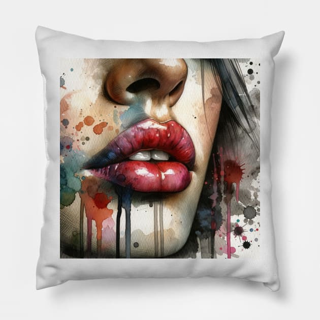 Watercolor Women Lips #1 Pillow by Chromatic Fusion Studio