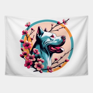 Joyful Dogo Argentino Amidst Spring Cherry Blossoms Tapestry