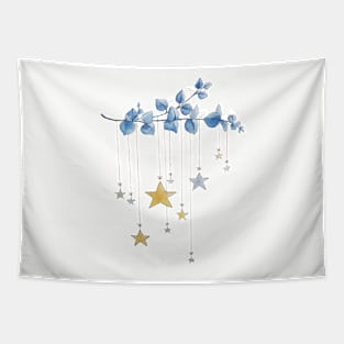 Watercolor Eucalyptus Branch and Stars Tapestry