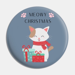 Cute white cat with gifts illustration with quote Meowy Christmas Pin