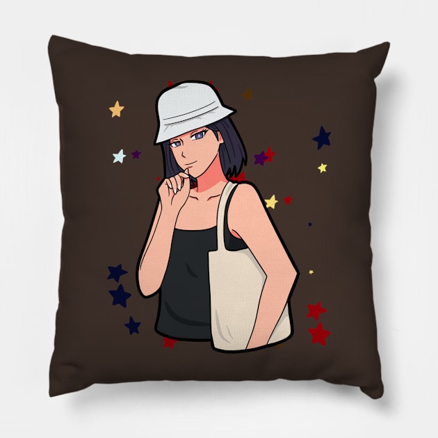 manga girl with hat and bag Pillow by Retro Comic Books