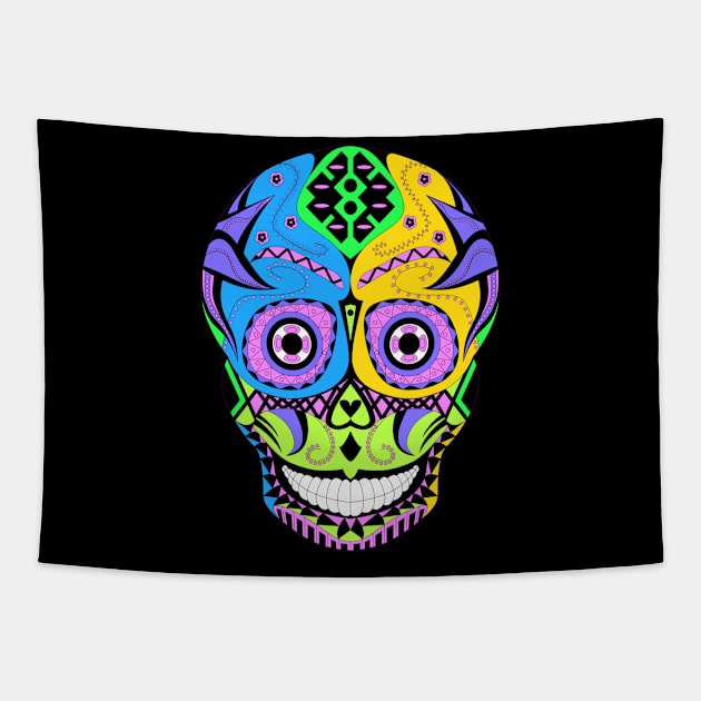 dark skeleton smile in mexican pattern Tapestry by jorge_lebeau