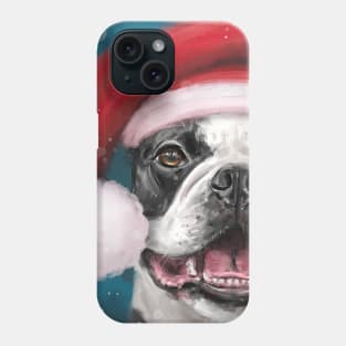 Painting of a Happy Boston Terrier Wearing a Santa Hat and Smiling on a Snowy Night Background Phone Case