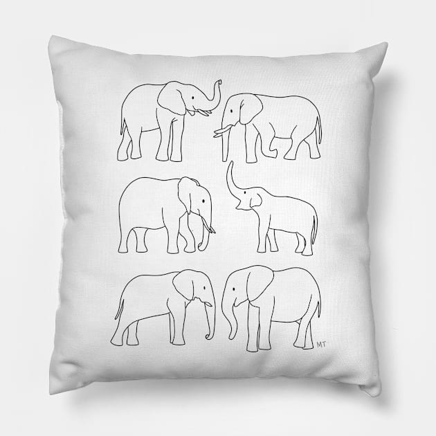 Elephants Line Art - White Pillow by monitdesign