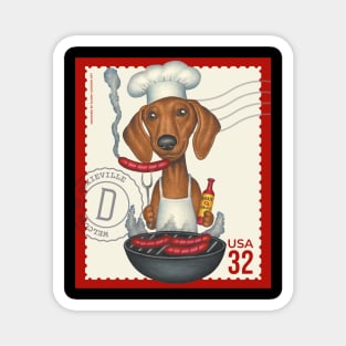 Cute Doxie grilling hot dogs on tailgate grill Magnet