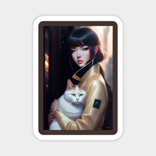 Beautiful woman with cat - Modern digital art Magnet