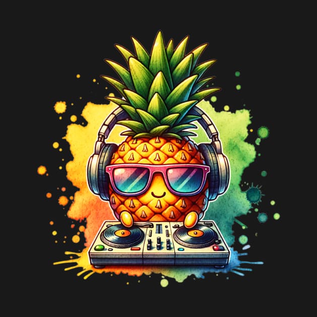 Watercolor Cool Kawaii Pineapple DJ by The Jumping Cart