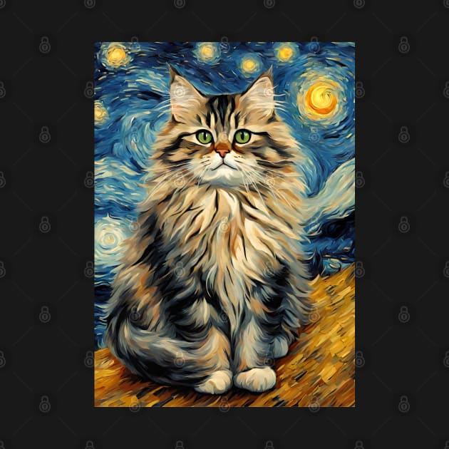 Adorable Siberian Cat Breed Painting in a Van Gogh Starry Night Art Style by Art-Jiyuu