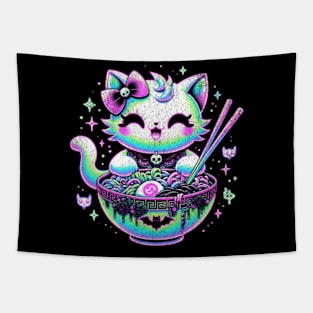 Pastel Goth Kawaii Cat Eating Bowl of Ramen Neon Blacklight Tapestry