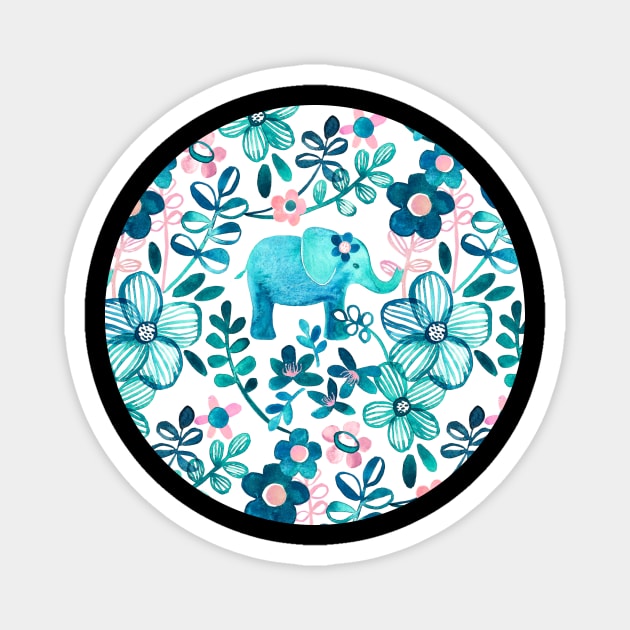 Dusty Pink, White and Teal Elephant and Floral Watercolor Pattern Magnet by micklyn