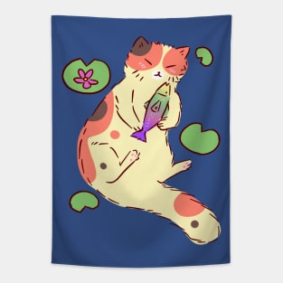 Calico Cat Hugging a Fish Tapestry