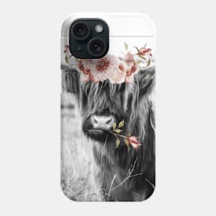 Highland Cow Portait with Watercolor Flowers Phone Case