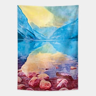 Beautiful Mountains ad Lake with Big Stones Tapestry