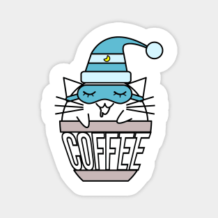 Cat in coffee cup with warped text sleeping blue Magnet