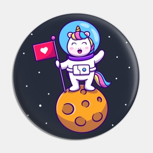 Cute Unicorn Astronaut Holding Flag On Planet Pin