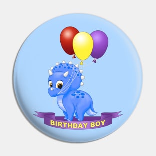 Birthday Boy Cute Blue Triceratops Dinosaur Pin