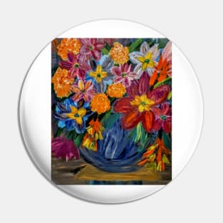 abstract vibrant colorful flowers in a glass vase with gold accent on base and top of vase Pin