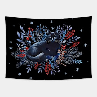 Black cat, winter scene, snow, holidays, cat in snow, cat in winter, cat lovers Tapestry