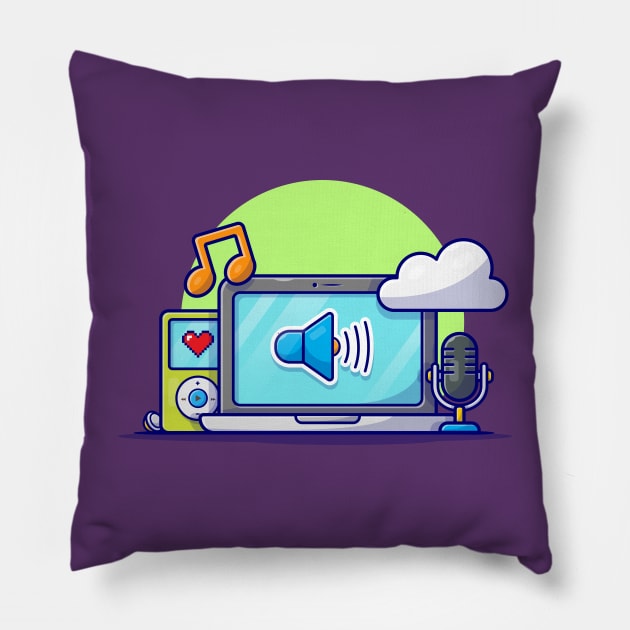 Cloud Music with Laptop, Microphone, Music Player and Note of Music Cartoon Vector Icon Illustration Pillow by Catalyst Labs