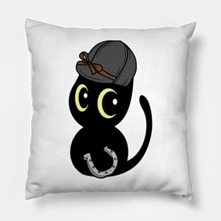 Funny black cat is ready to ride a horse Pillow