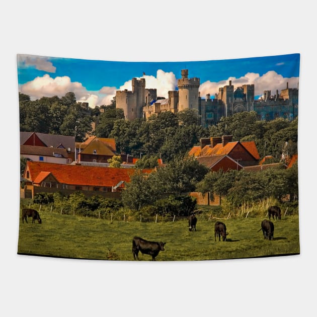 Arundel Castle, Red Rooftops and Cows Tapestry by Chris Lord