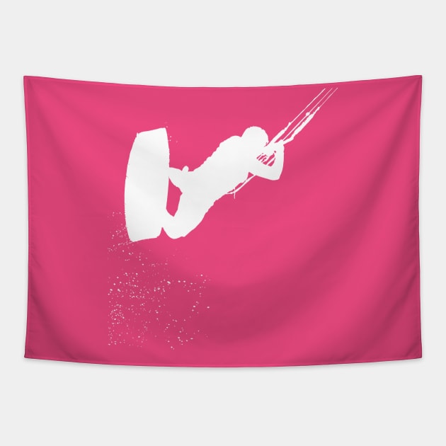 Kitesurfing Action Kite And Surf Silhouette White Tapestry by taiche