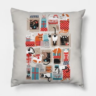 Purfect Christmas gifts // spot // beige background cute cats in cardboard red and teal wrapped boxes and holiday ornaments ribbons balls and lights Pillow