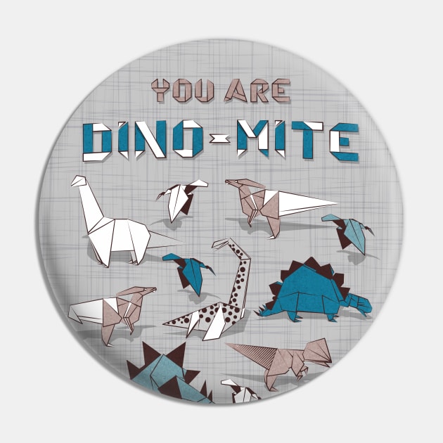 Origami dino friends // quote you're dino-mite // grey linen texture background blue white and beige dinosaurs Pin by SelmaCardoso