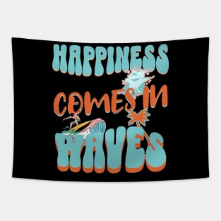 Happiness Comes In Waves, Hello Summer Vintage Funny Surfer Riding Surf Surfing Lover Gifts Tapestry