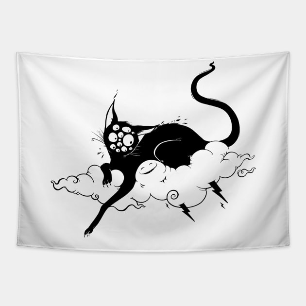 Strange Many Eyed Black Cat On Cloud With Lighting Bolt Tapestry by cellsdividing