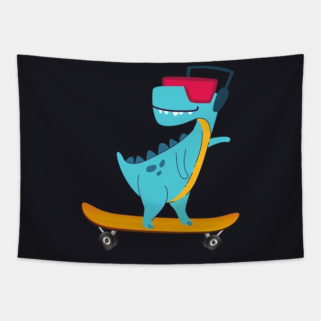 Skater Dino T-Rex Children Gift Tapestry by Foxxy Merch