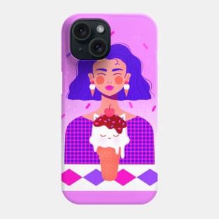 Happy girl with blue hair and kitty ice cream, version 4 Phone Case