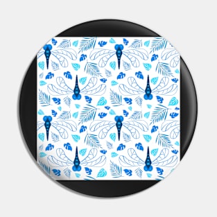 Bright Blue Dragonfly and Leaf Pattern on White Pin