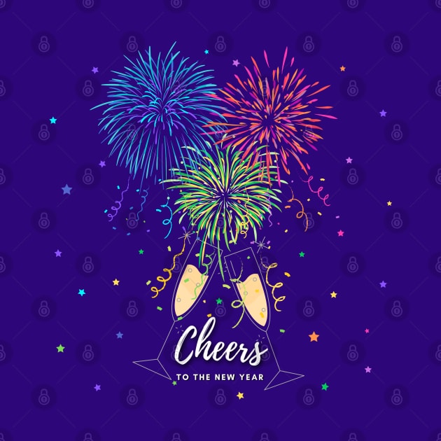 Cheers to the New Year Fireworks, Champagne Flutes and Stars by Deez Pixel Studio