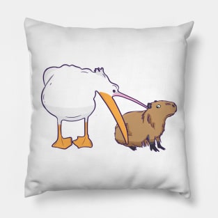 Pelican Tries to Eat Capybara Funny Cute Kawaii Meme Pillow