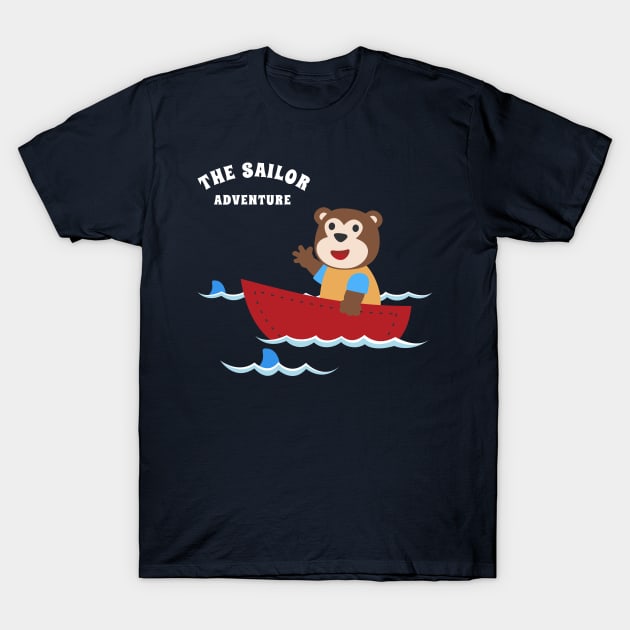 Funny Monkey Sailor Cartoon Vector On Little Boat with Cartoon Style. T-Shirt