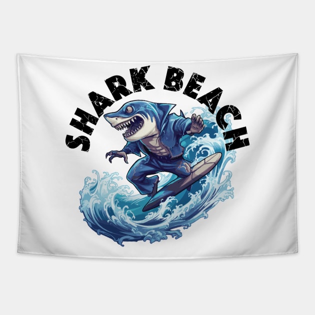 Shark Surfing - Shark Beach (Black Lettering) Tapestry by VelvetRoom