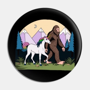 Mythical Creatures Bigfoot And Unicorn In The Wild Halftone Pin