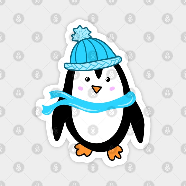 Festive Winter Penguin with Blue Knit Hat and Scarf, made by EndlessEmporium Magnet by EndlessEmporium