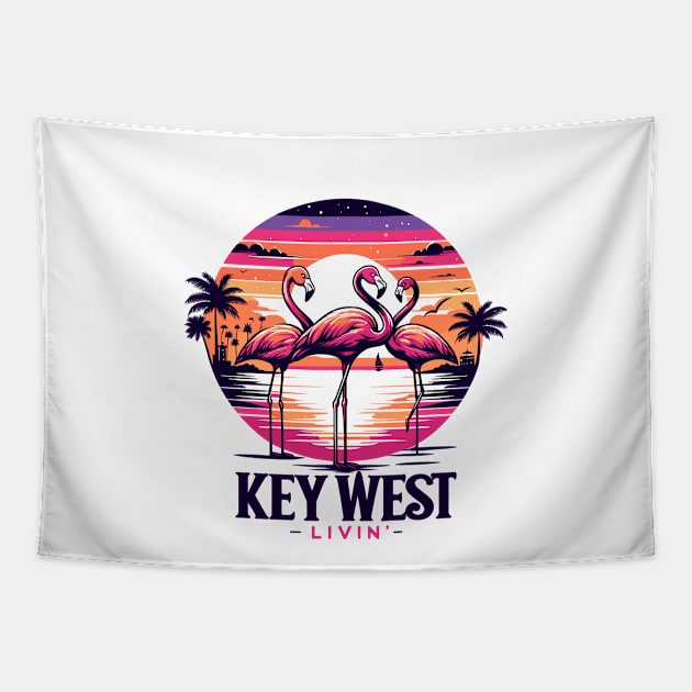 Key West Livin' - Tropical Flamingo Night Scene In Key West Tapestry by eighttwentythreetees