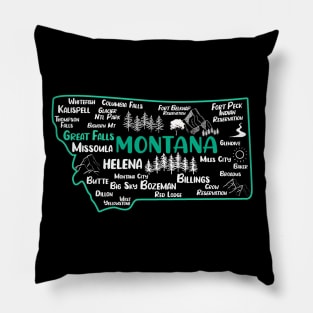 Cute map of Great Falls Montana, Missoula, Helena, Butte, Bozemian, Billings, Kalispell, Big Sky Pillow