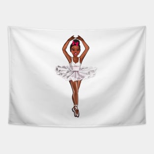 African American ballerina in white tutu and pink bow - brown skin ballerina Tapestry