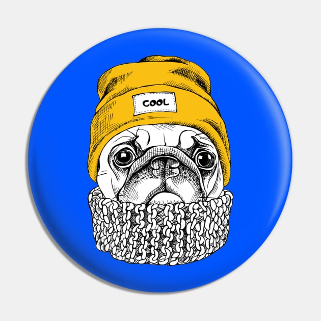 Portrait of Pug in a yellow Hipster hat and with knitted scarf Pin by amramna